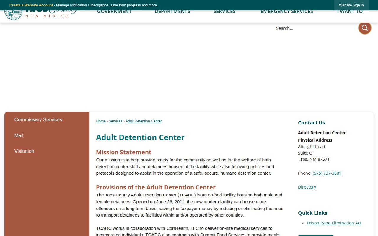 Taos County Adult Detention Center booking records source page