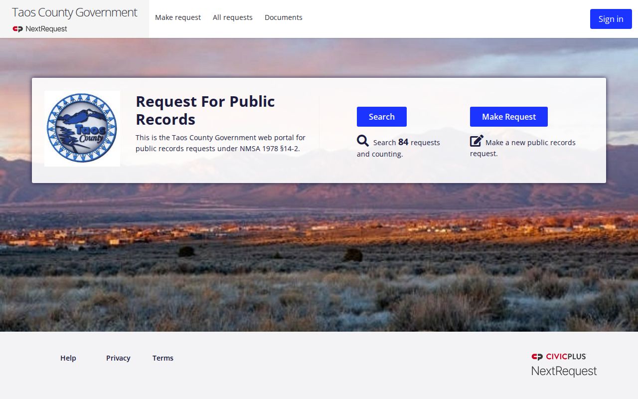 Taos County NextRequest public booking record request portal