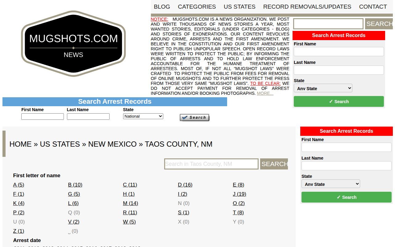 Unofficial historical Taos County mugshot archive source page